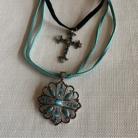 Vintage Suede Chain Necklaces Black Cross Pendants & Turquoise Flower - Picture 3 of 8